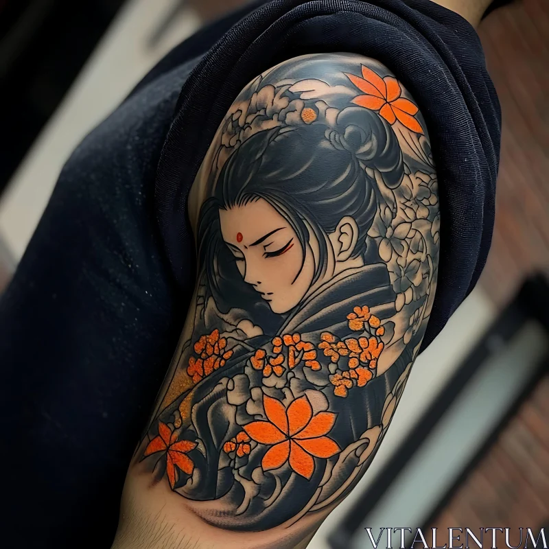 Elegant Japanese Floral Tattoo Inked on Arm AI Image