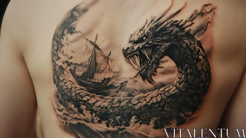 Intricate Sea Serpent Tattoo Encircling Ship AI Image