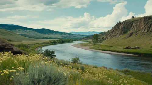 Serene River Scenic View with Rolling Hills