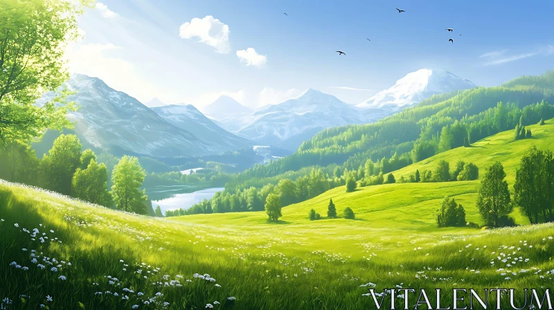 Picturesque Mountain Landscape with Green Meadow AI Image