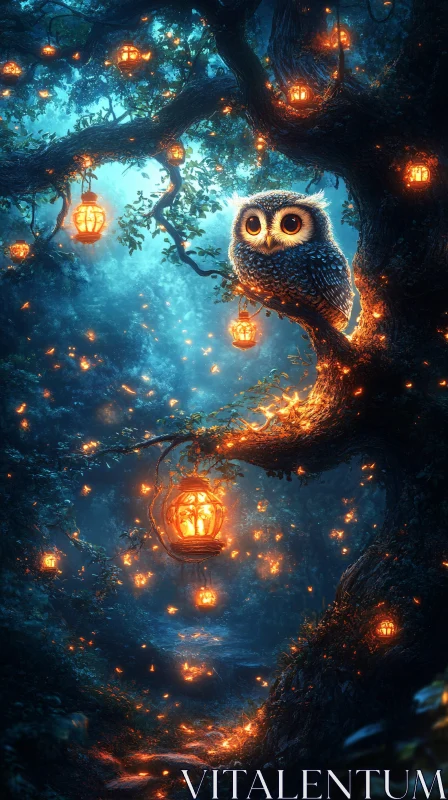 Owl and Lanterns in Magical Forest AI Image