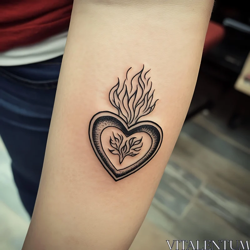 AI ART Black Ink Heart with Flame Tattoo Design