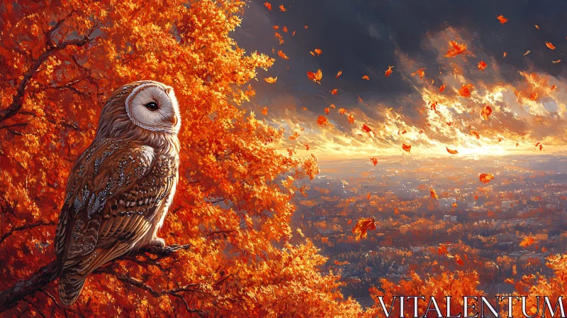 Autumn Owl and Glowing Sunset AI Image