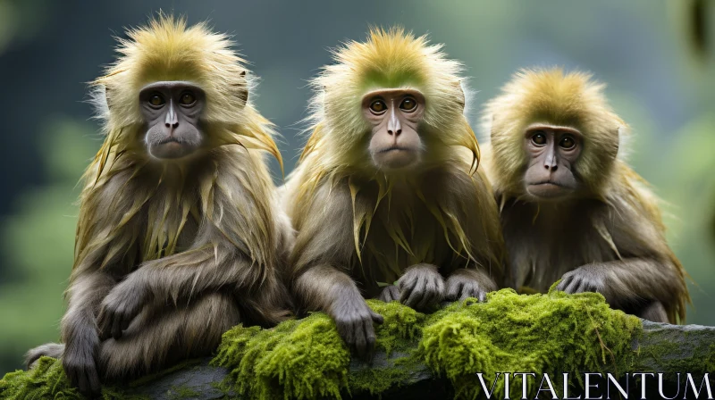 Captivating Portrait of Three Monkeys on a Mossy Rock AI Image