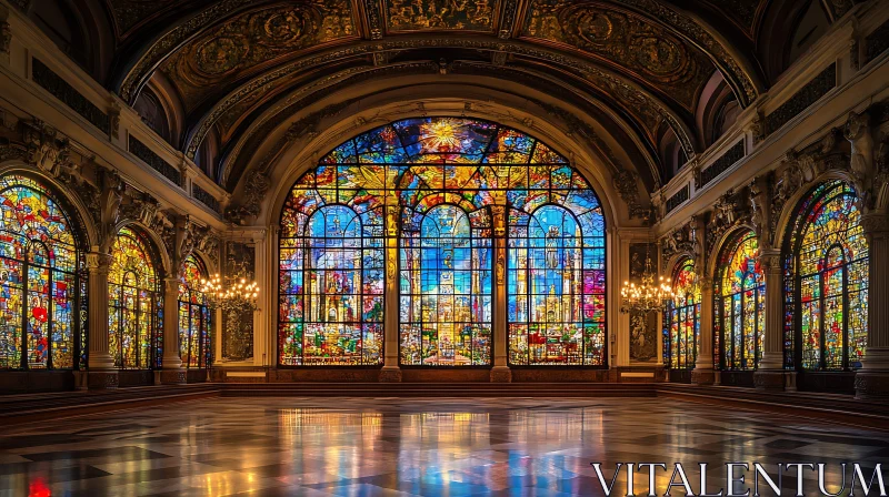 Architectural Hall with Colorful Glass Windows AI Image