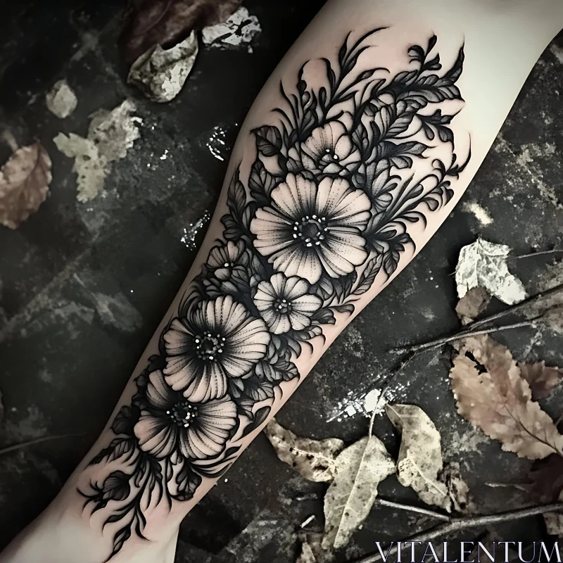 Nature-Inspired Blackwork Floral Tattoo AI Image