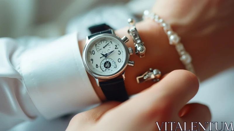 Elegant Silver Watch and Pearl Bracelet on a Woman's Wrist AI Image