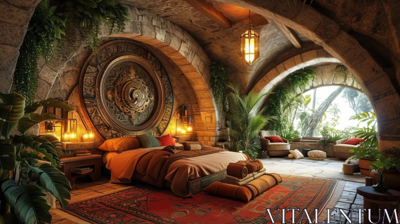 AI ART Fantasy Bedroom Rendering with Canopy Bed and Stone Walls