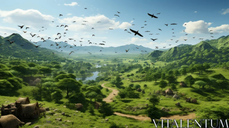 Mountain Valley with Birds in Flight: A Barbizon School Inspired Artwork AI Image