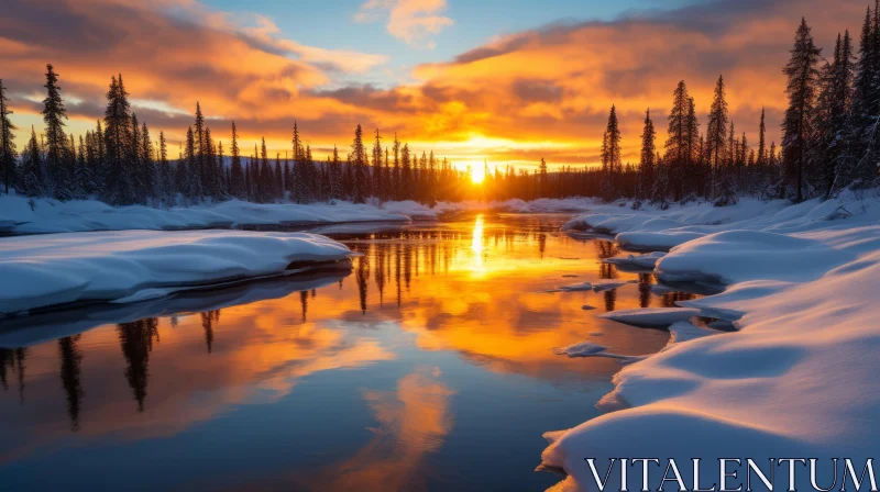 Stunning Sunset over Frozen River in Wilderness AI Image