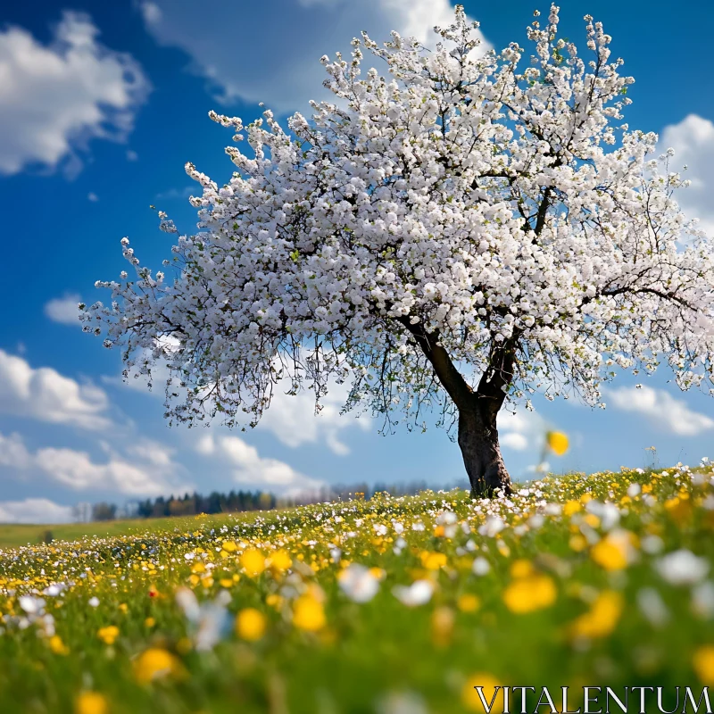 AI ART Spring Meadow with Flowering Tree