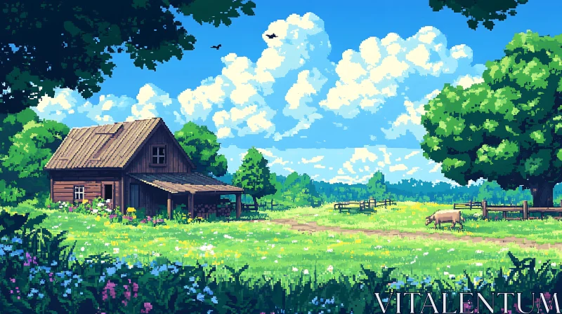 Rustic Cabin Pixel Art Landscape AI Image