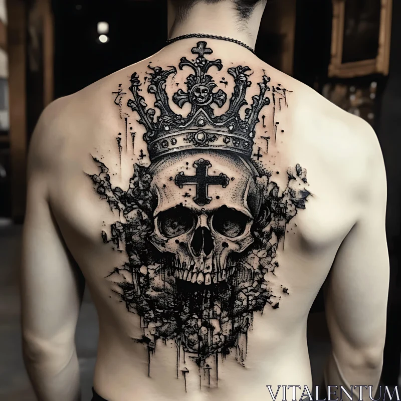 Detailed Skull and Crown Back Tattoo AI Image