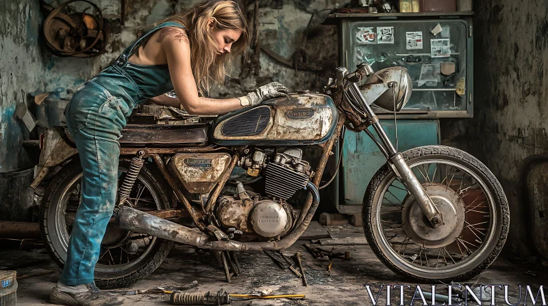 AI ART Woman Mechanic Restoring Classic Motorcycle