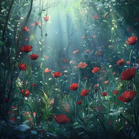 Floral Meadow in Forest with Sunlight