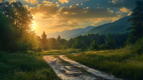 Forest Road at Sunset Landscape