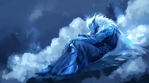 Mystical Blue Figure Amidst Clouds