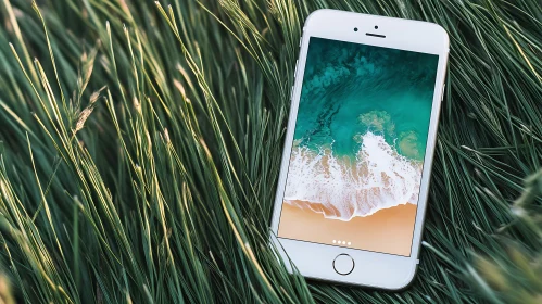 Smartphone on Grass with Beach Wallpaper
