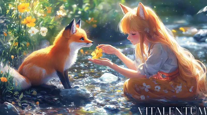 Anime Style Fox and Girl with Flower AI Image