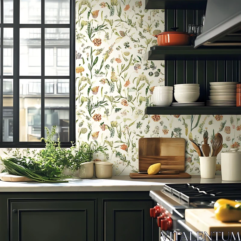 Botanical Kitchen Interior with Fresh Green Herbs AI Image