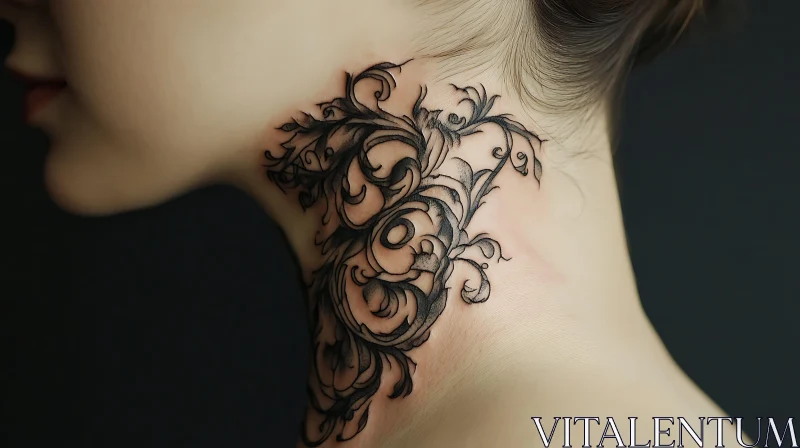 Elegant Neck Tattoo with Black Ink Floral Patterns AI Image