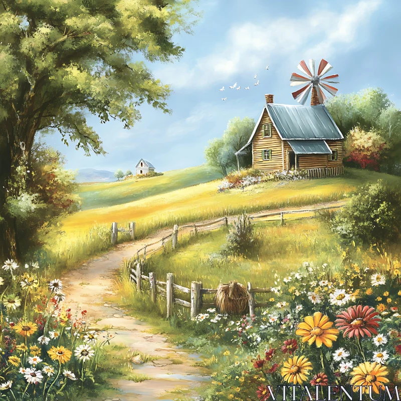 Rural Cabin with Windmill and Flowers AI Image