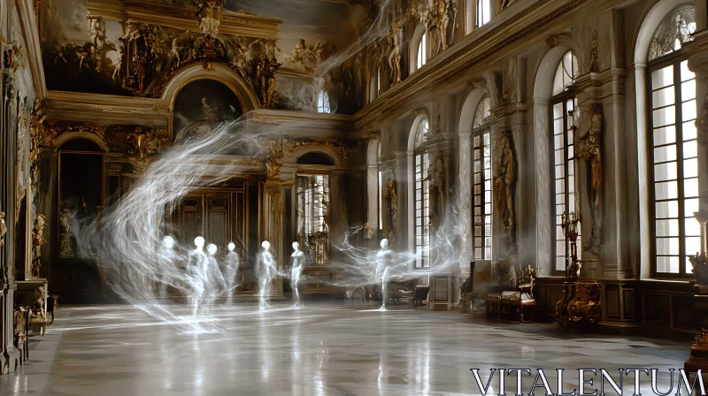 Ghostly Figures in Ornate Interior AI Image