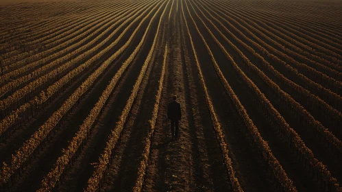 Man Walking in Vineyard at Sunset