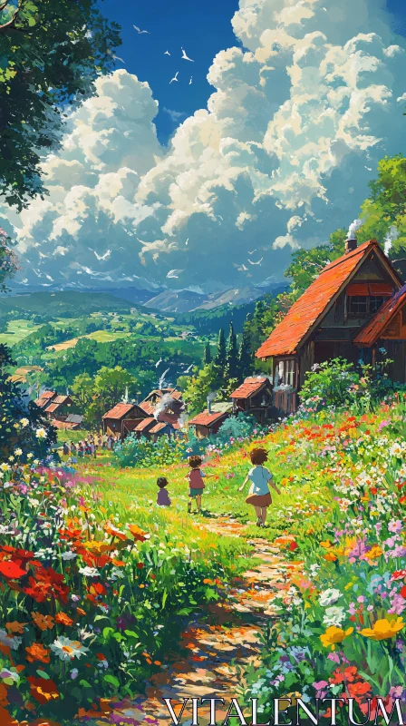 Children's Meadow Walk in Countryside AI Image