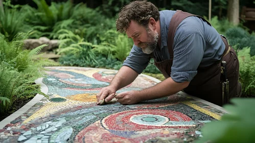 Man crafting mosaic in garden setting