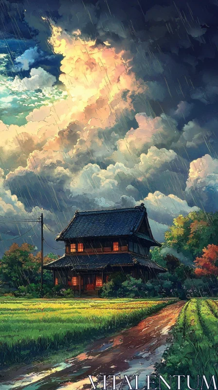 Tranquil House in Rain Illustration AI Image