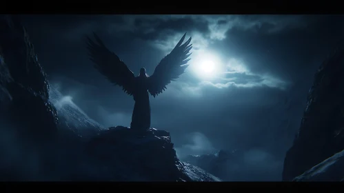 Winged Figure Under Moonlight Night