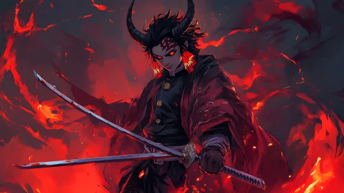 Red Anime Character with Horns and Swords