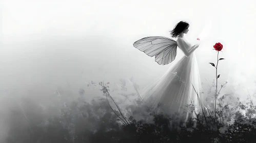 Angel and Rose in Misty Landscape