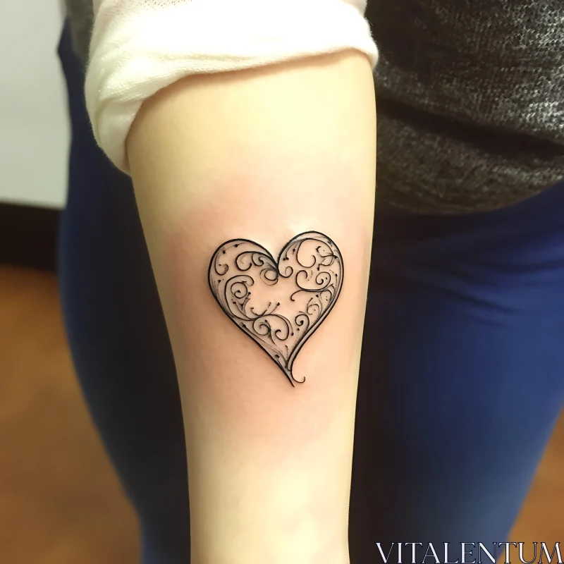 Elegant Black Ink Heart Tattoo on Forearm AI Image