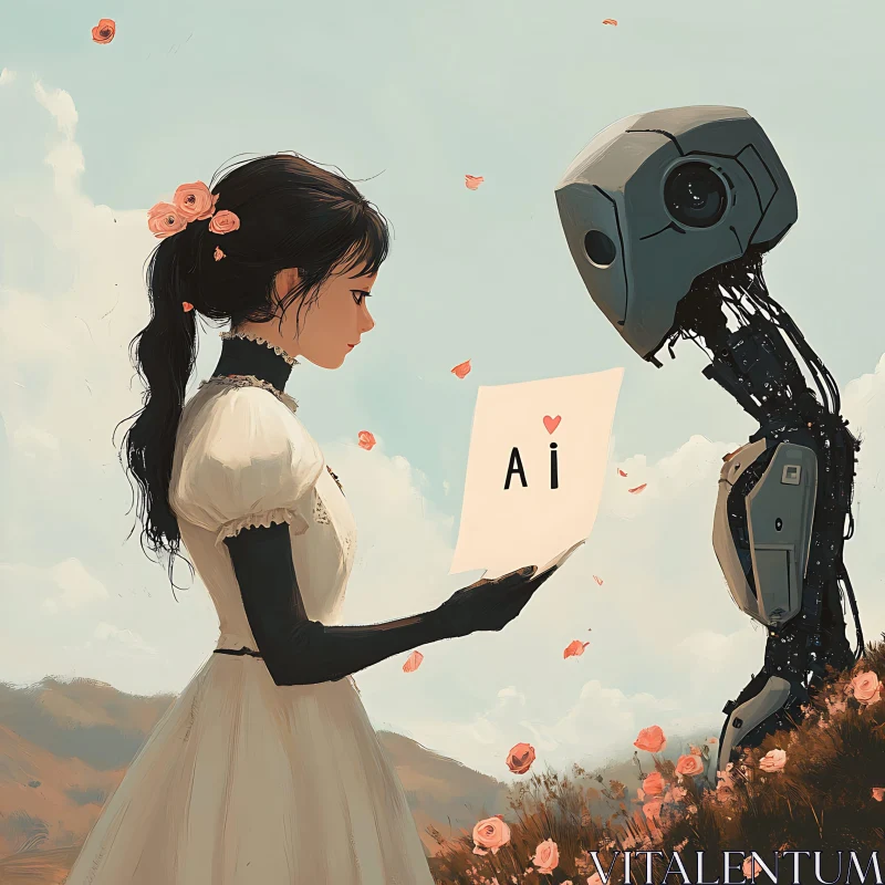 AI ART Romantic Encounter: Woman Giving Card to Robot