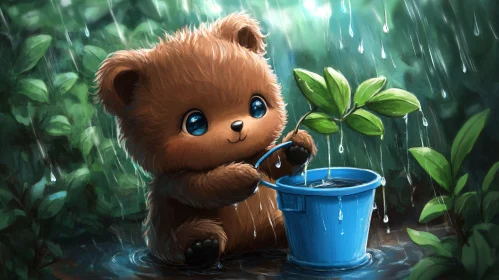 Cute Bear with Plant in Rain