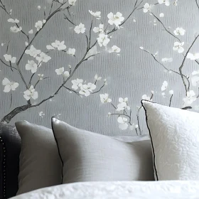 Grey Floral Wallpaper with Pillows