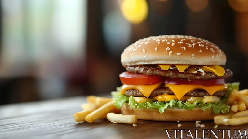 Mouthwatering Cheeseburger and Fries on Wooden Table AI Image