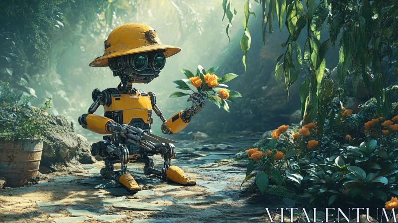 AI ART Mechanical Gardener with Orange Blooms