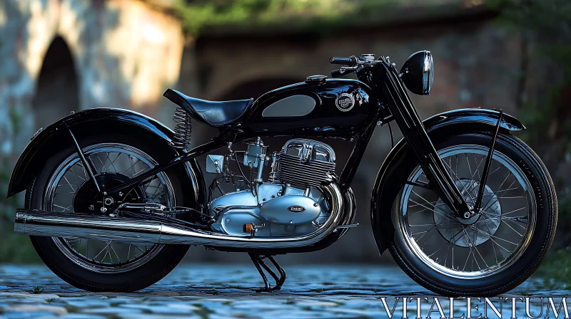 Vintage Motorcycle parked on cobblestone AI Image