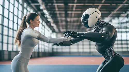 Woman and Cyborg in a High-Tech Training Environment