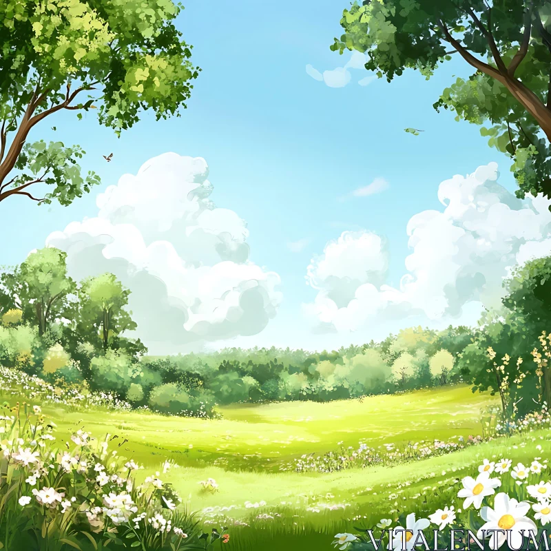 Tranquil Green Field Landscape AI Image