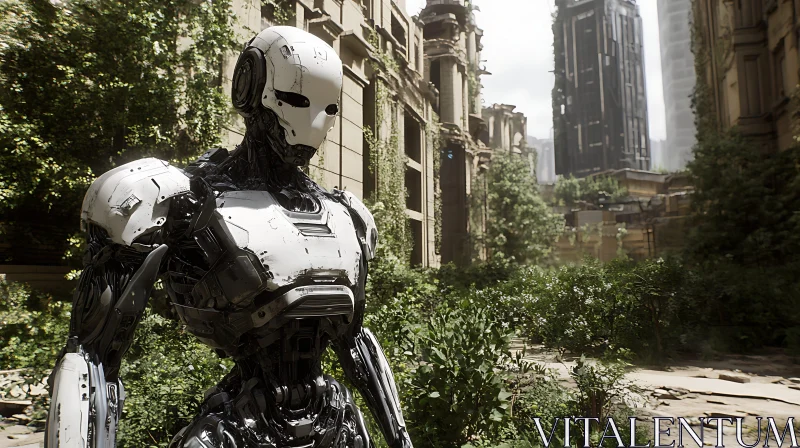 Futuristic Robot in Overgrown Ruins AI Image