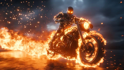 Inferno Ride: Ghostly Biker on Flaming Wheels