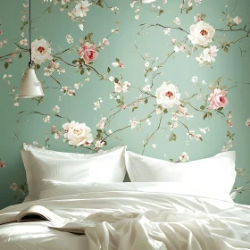 Bed with Floral Wallpaper