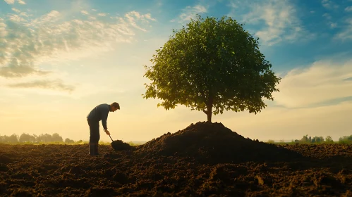 Man Planting Tree at Sunset