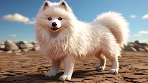 Anime-Influenced 3D Model of a White Dog in Desert Terrain