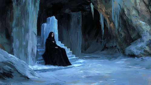 Woman in Black Dress in Ice Cave