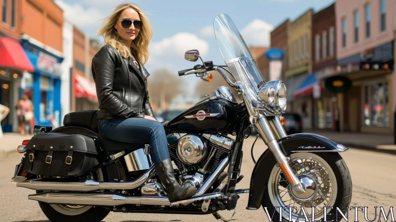 Blonde Woman on Harley-Davidson Motorcycle in Small Town AI Image